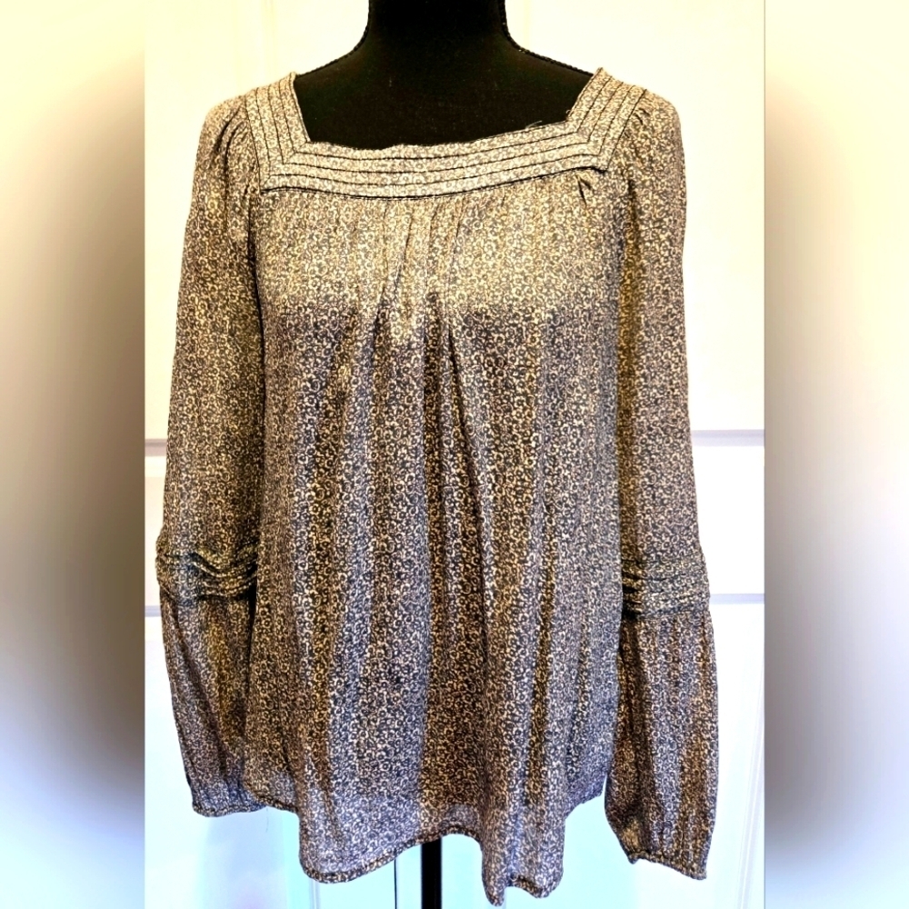 LAUREN CONRAD Peasant Blouse Grayish Blue & Cream Color Print Sz Sm